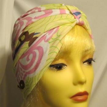Citrus Print Pinks Yellow Soft Knit Chemo Turban Headcover Cap Alopecia Hijab - Free Shipping in the USA