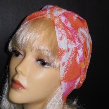 Pink and Tangerine Print Soft Knit Chemo Turban Headcover Cap Alopecia Hijab - Free Shipping in the USA