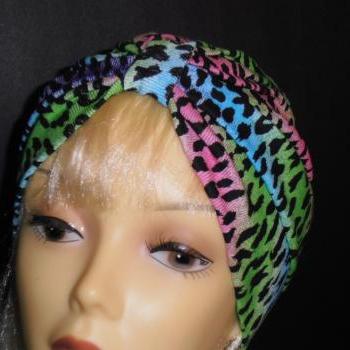 Rainbow Cheetah Animal Print Soft Knit Chemo Turban Headcover Cap Alopecia Hijab - Free Shipping in the USA