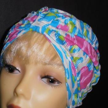 Hearts on Lime Blue White Animal Print Soft Knit Chemo Turban Headcover Cap Alopecia Hijab - Free Shipping in the USA